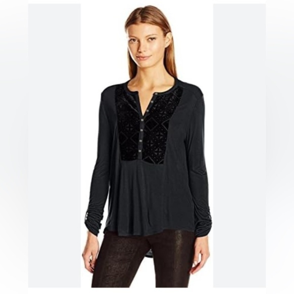 Lucky Brand Velvet Burnout Henley Shirt Top Embroidered Black Size 1X